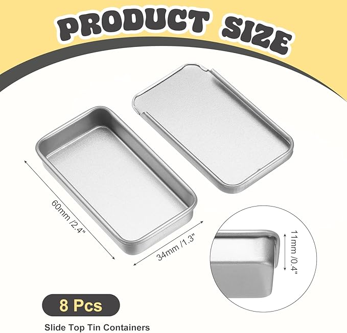 uxcell 8Pcs Slide Top Tin Containers, Mini Metal Empty Tins Box with Sliding Lids, 2.4"x1.3"x0.4" Rectangular Storage Organizers for Lip Balm, Solid Perfume, Small Items, Frosted Silver