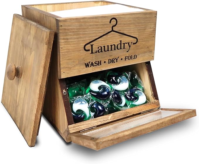 Laundry Pod Holder - 2 Tiered Rustic Wooden Dispenser, Dryer Sheet Container for Laundry Room Organizer, Brown