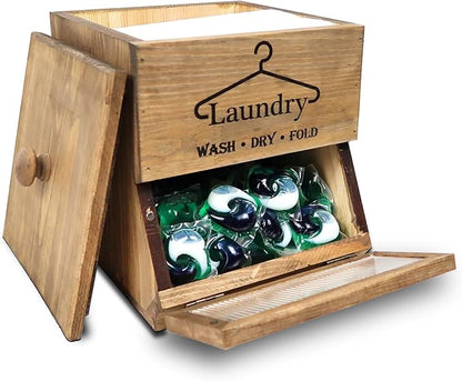 Laundry Pod Holder - 2 Tiered Rustic Wooden Dispenser, Dryer Sheet Container for Laundry Room Organizer, Brown