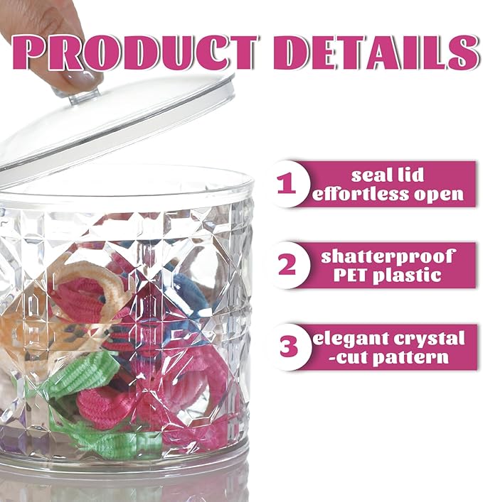 2-Pack Scrunchies Holder, 20oz Qtip Holder, Plastic Bathroom Canisters, Elegant Vanity Storage Containers for Hair Accessories & Beauty Supplies