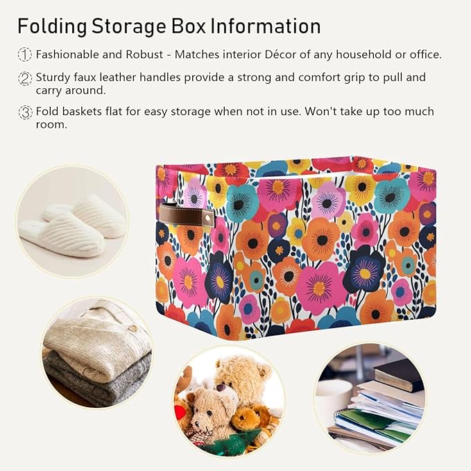 Large Storage Basket Cartoon Drawing Poppies Storage Bin Cube Canvas Fabric Organizer Handles Collapsible for Clothes Toys Bedroom Decorative