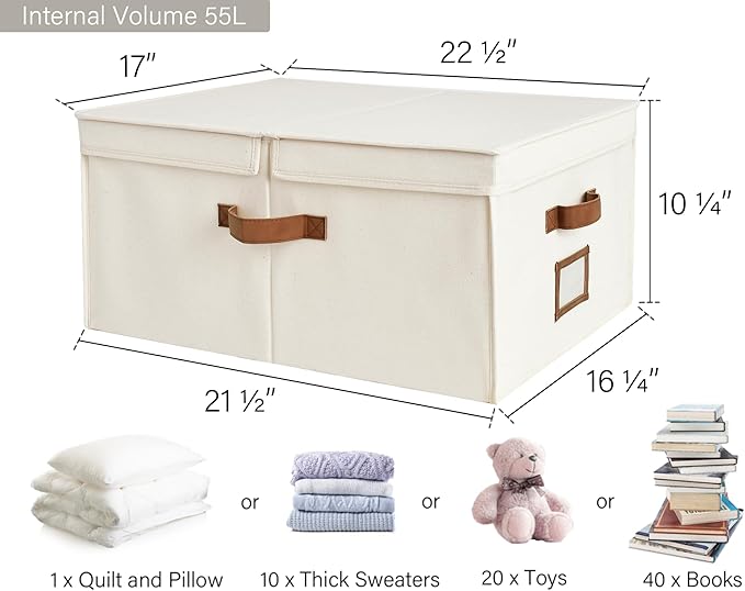 StorageWorks Extra Large Storage Bins with Double-Open Lid, 55L Fabric Baskets with Divider Board, Boxes for Clothes, Linen Closet Organizers with Handles, Ivory White, 2-Pack