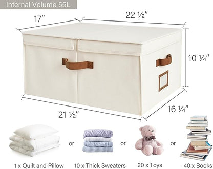 StorageWorks Extra Large Storage Bins with Double-Open Lid, 55L Fabric Baskets with Divider Board, Boxes for Clothes, Linen Closet Organizers with Handles, Ivory White, 2-Pack