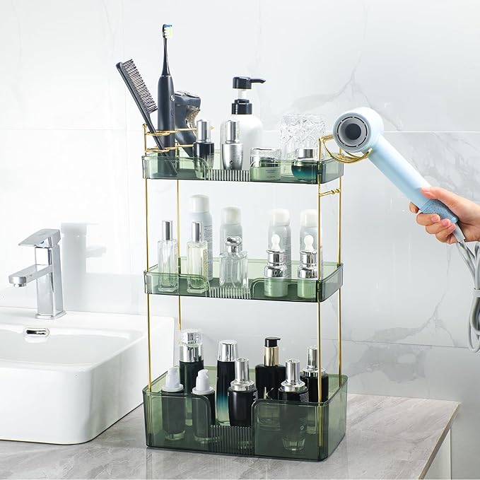 Makeup Organizer 3 Tier Bathroom Organizer Countertop Makeup Perfume Tray Skincare Organizer Comes with Hair Dryer Rack and Toothbrush Holder for Bathroom Dresser Vanity (Green)