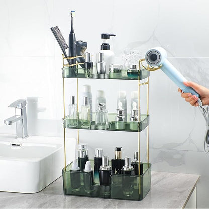Makeup Organizer 3 Tier Bathroom Organizer Countertop Makeup Perfume Tray Skincare Organizer Comes with Hair Dryer Rack and Toothbrush Holder for Bathroom Dresser Vanity (Green)