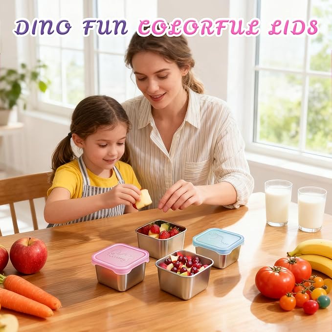 Tanjiae 6-Pack Small (6 oz) Stainless Steel Snack Containers for Kids, Easy-Open Toddler Snack Containers with Lids - Cute Dinosaur Small Stackable Metal Snack Box for Daycare, School, Travel