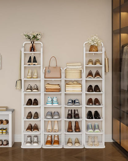 Hzuaneri 6 Tiers Vertical Shoe Rack, Narrow Shoe Tower, Tall Shoes Shelf with 2 Hooks, Adjustable Shelves, Corner Shoes Shelves for Small Spaces, Entryway, Living Room, White SR04213W