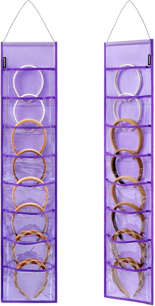 Wall Hanging Headband Organizer Ribbon Hair Hoops Storage Hairbands Hair Accessory Holder with Clear Pockets (PURPLE-8 POCKETS -2 Pack)