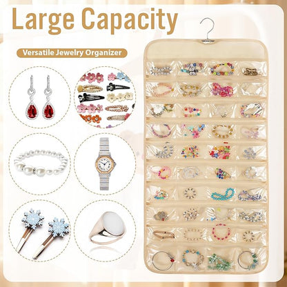 4 Pcs Hanging Jewelry Organizer with 80 Pockets, Dual-Sided Jewelry Holder Hanging Storage Organizer Hanger Closet for Bracelet Necklace Ring Earring Accessories, Beige