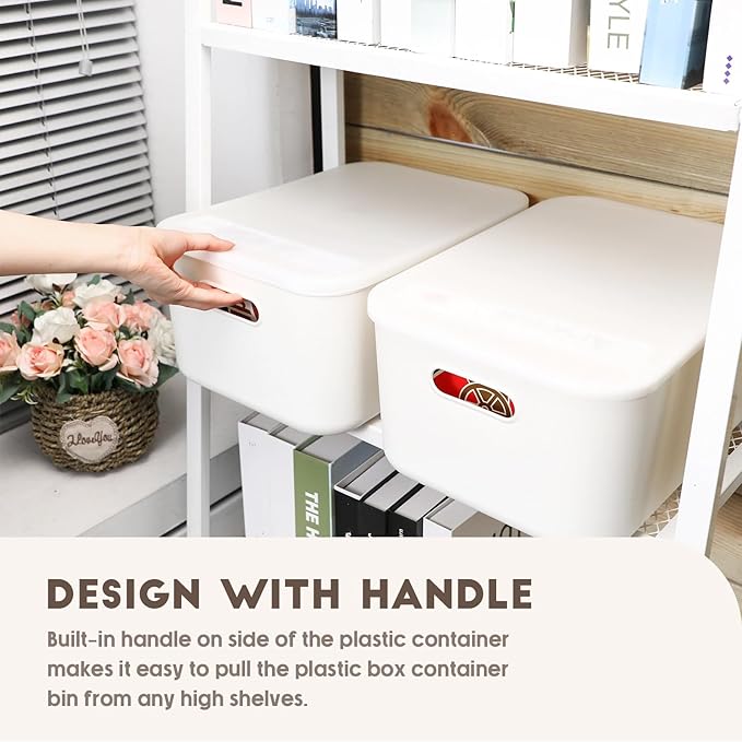 Tuanse 8 Pieces White Plastic Storage Bins with Lids, Stackable Storage baskets with Handle Containers Box for Shelves Drawers Desktop Playroom Classroom Office Organization(14 x 10.5 x 6.5 Inches)