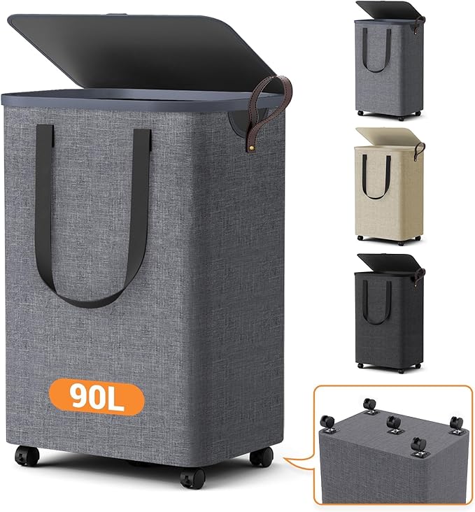 Laundry Basket with 5 Wheels, Tall Dirty Laundry Hamper, Rolling Laundry Basket with Lid, Large 90L Collapsible Clothes Hamper for Laundry Room Bedroom Bathroom Dorm, Light Gray