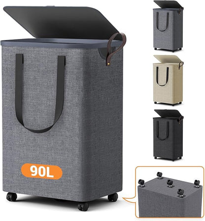 Laundry Basket with 5 Wheels, Tall Dirty Laundry Hamper, Rolling Laundry Basket with Lid, Large 90L Collapsible Clothes Hamper for Laundry Room Bedroom Bathroom Dorm, Light Gray