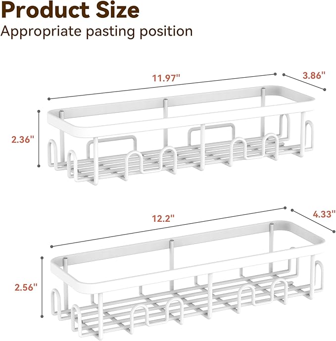 YASONIC Shower Caddy Adhesive 2-Pack, Rustproof Shower Organizer with Holder, No-Drill Shower Shelves for Inside the Shower, Large-Capacity Bathroom Organizers and Storage for Dorms & Renters, White