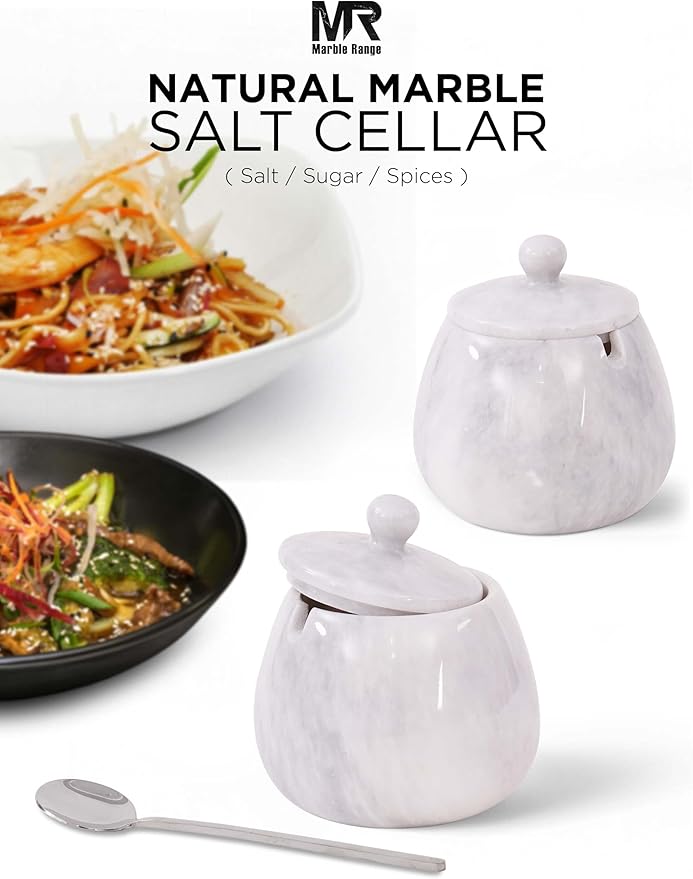 Marble Salt Cellar with Lid – 4.5 Inch White Table Salt Container, Salt Jar, Salt Dish, Salt Holder, Spice Jar, Sugar Bowl, Celtic Salt, Kitchen Countertop Decor