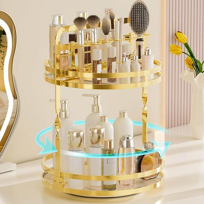 360 Rotating Makeup Organizer Vanity, Gold Perfume Organizer for Dresser, 2 Tier Bathroom Organizer Countertop, Lazy Susan Spinning Perfume Stand for Women, Skincare Storage with Brush Holder