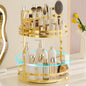 360 Rotating Makeup Organizer Vanity, Gold Perfume Organizer for Dresser, 2 Tier Bathroom Organizer Countertop, Lazy Susan Spinning Perfume Stand for Women, Skincare Storage with Brush Holder