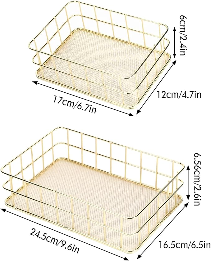 Gold Wire Baskets, 9.6 x 6.5in Metal Storage Basket Desktop Bathroom Sink Counter Toilet Storage Toilet Tank Topper Organizer Tray for Pantry Kitchen