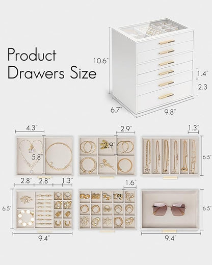 VLANDO 6 Layer Jewelry Box for Women, Glass Lid Jewelry Organizer with 6 Drawers for Necklaces Rings Earrings Bracelets - White