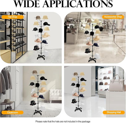 7-Tier Rotating Hat Rack with 4 Wheels, Large Capacity Storage for 35 Hats, Modern Display Stand with Brakes for Home Store Commercial Use, Metal Wig Holder for Cowboy Hats, Baseball Hats (Black)