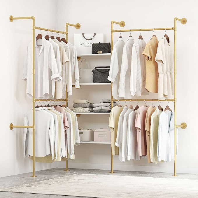 Industrial Pipe Clothing Rack, Heavy Duty Adjustable Garment Hanger with Shelves, 2 Installation Methods Closet Storage System for Wardrobe Organization (Gold, 80" H x 86" W)