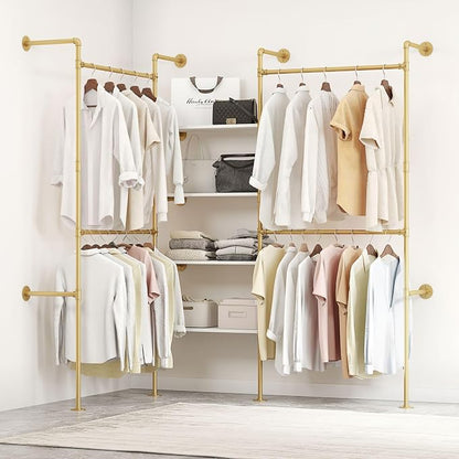 Industrial Pipe Clothing Rack, Heavy Duty Adjustable Garment Hanger with Shelves, 2 Installation Methods Closet Storage System for Wardrobe Organization (Gold, 80" H x 86" W)