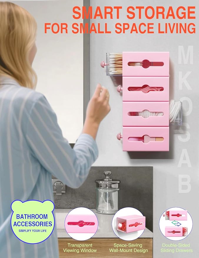 Qtip Holder for Bathroom Wall Organizer – Bathroom Decor, Dorm Room Essential, Small Q-tip Dispenser for Cotton Swabs, Balls, Pads, Floss Picks – Office Storage, Vanity Makeup Organizer(6 Pcs)