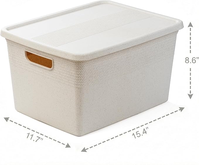 BINO | Plastic Storage Bins with Lids, 22 Liter - 3 Pack, Natural | THE BRAIDED COLLECTION | Plastic Bins for Organization Woven Storage Baskets for Organizing Pantry Shelf Organizer Basket Bin