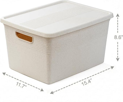 BINO | Plastic Storage Bins with Lids, 22 Liter - 3 Pack, Natural | THE BRAIDED COLLECTION | Plastic Bins for Organization Woven Storage Baskets for Organizing Pantry Shelf Organizer Basket Bin