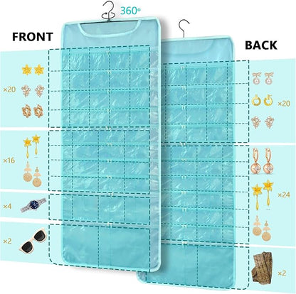FOREGOER Hanging Jewelry Organizer with 88 Zippered Pockets, Dustproof Foldable for Travel, Accessories Organizer for Holding Jewelries Earring Organizers and Storage (Blue)