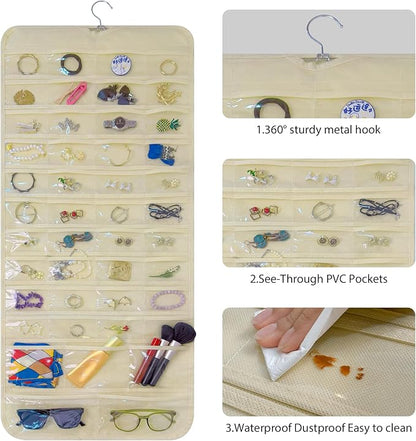 Bloss Hanging Jewelry Organizer With 90 Pockets,Earring Holder Organizer Storage For Valentine's Day Gift,Double-Sided Jewelry Holder for Earrings, Necklaces, Rings on Closet,Wall,Door(Beige)