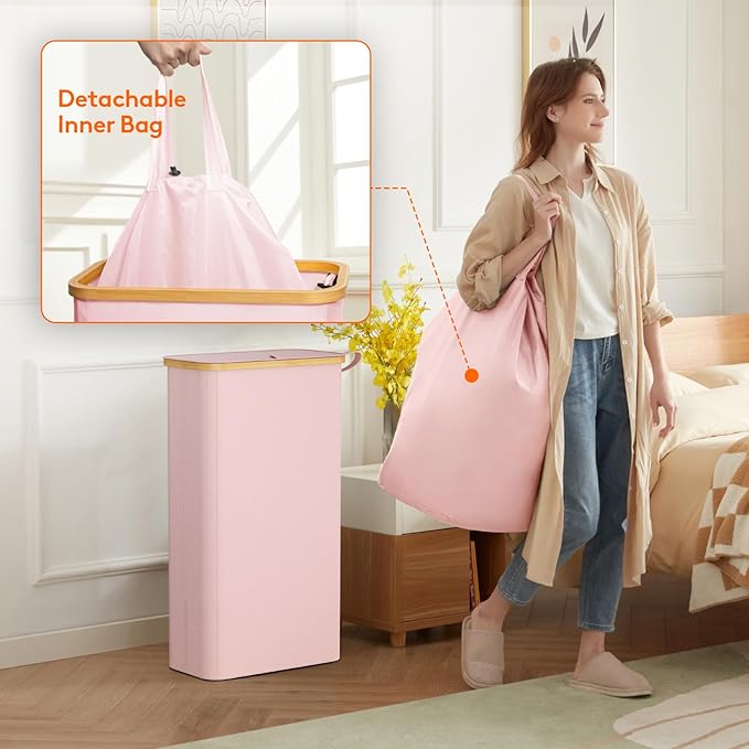 Lifewit 65L Slim Laundry Hamper with Lid, Narrow Laundry Basket with Removable Bag & Bamboo Handles, Fodable Thin Dirty Clothes Hamper for Laundry Collapsible Bin for Bathroom Bedroom Dorm, Pink