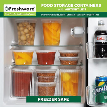 Freshware Food Storage Containers with Lids [60 Pack 8, 16, 32 oz, 20 sets each size] Plastic Deli Containers, Meal Prep Containers, Microwave and Freezer Safe, Stackable, Leakproof, BPA Free, Clear