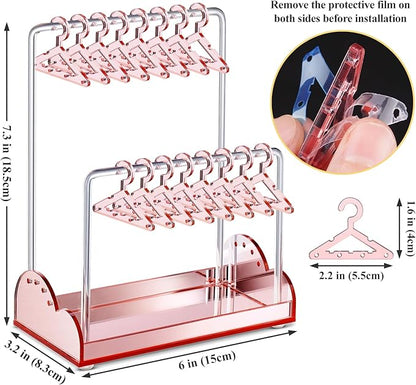 NiHome Acrylic Earring Holder with Unique Double-Tiered Design, Cute Miniature Clothing Hangers with Spacious Storage for 48 Pairs, Display for Home Vanity & Retail Showrooms (Rose Gold, With Tray)