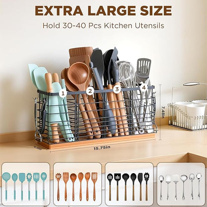 Nigelia 4 Compartments Extra Large Kitchen Utensil Holder with Wooden Base, Metal Organizer for Kitchen Countertop, Matte Black Cooking Utensils Holder with 4 Hooks for Tools Storage