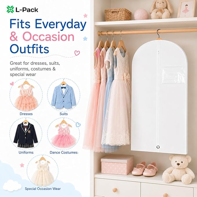 Kids Garment Bag for Hanging Clothes, Travel Garment Bag for Dresses, Dance Costumes & Suits, Breathable Clothes Cover for Baby Toddler Child, White, 30" x 18"