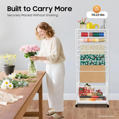 Ribbon Organizer Rack, Double Sided 16-Tier Ribbon Holder Organizer Rack, Flower Wrapping Paper Storage Stand, Scarf Tie Belt Towel Display Shelf Sewing Station Cart (White)