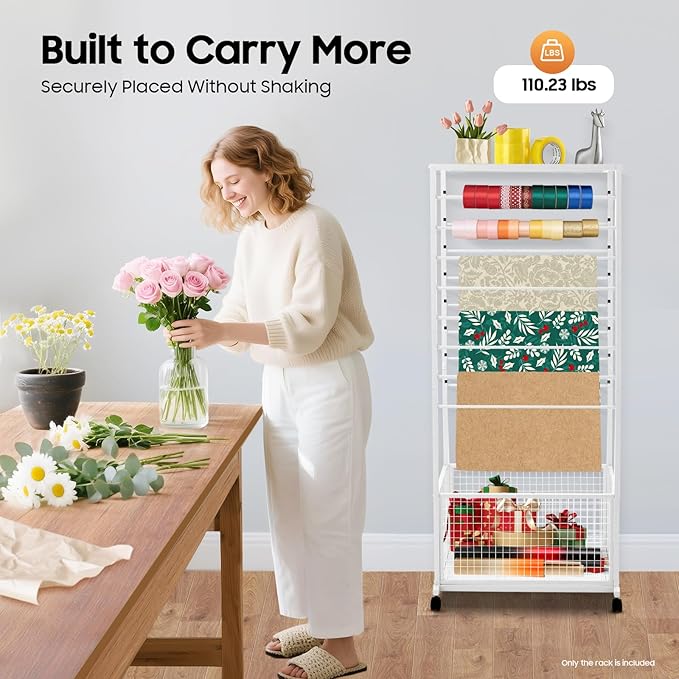 Ribbon Holder Organizer Rack,Double-Sided 16-TierRibbon Display Stand with Storage Basket and Wheels,Multifunctional Flower Wrapping Paper Storage Stand,for Flower Shops, Craft Rooms (White)