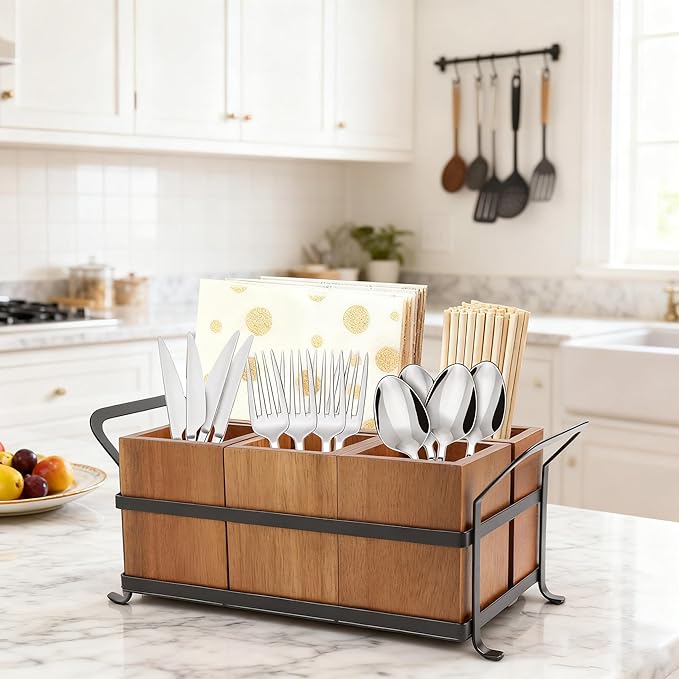 Silverware Caddy Acacia Wood Silverware holder for Party Utensil Caddy with Metal Handle Paper Plate Organizer Cutlery Holder Flatware Organizer for Spoons Forks Napkins