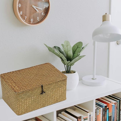 Wicker Storage Basket with Lid, Natural Seagrass Woven Shelf Basket for Storage, Rectangular Decorative Storage Bins Boxes Home Organizer Decor (Natural, Medium)