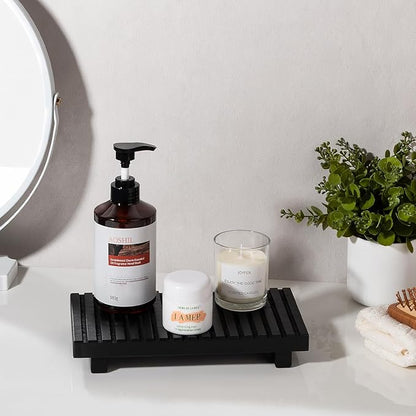 Bathroom Tray Rustic Farmhouse Bathroom Decor Wood Display Stand Riser Kitchen Soap Dish Holder for Vanity, Countertop, Sink, 11 * 5.5 Black