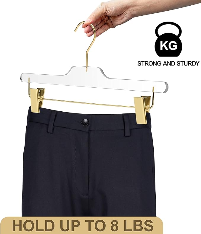 Quality Hangers Lucite Acrylic Clear Skirt Pants Trousers Bottom Hangers - 5-Pack with Adjustable Metal Matte Gold Clips - Made of Clear Acrylic for a Luxurious Look and Feel with Swivel Hook