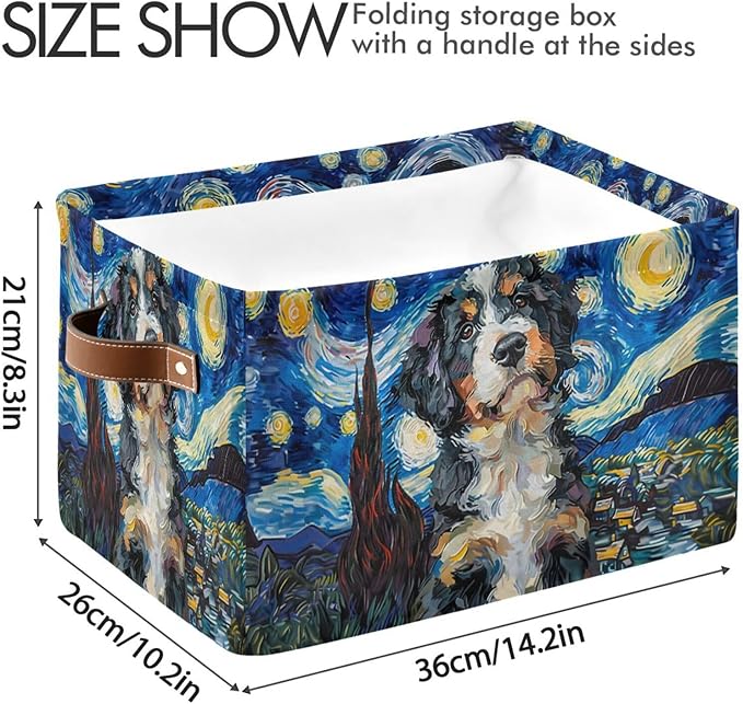Large Storage Basket Berner Dog Starry Night Storage Bin Cube Canvas Fabric Organizer Handles Collapsible for Clothes Toys Bedroom Decorative