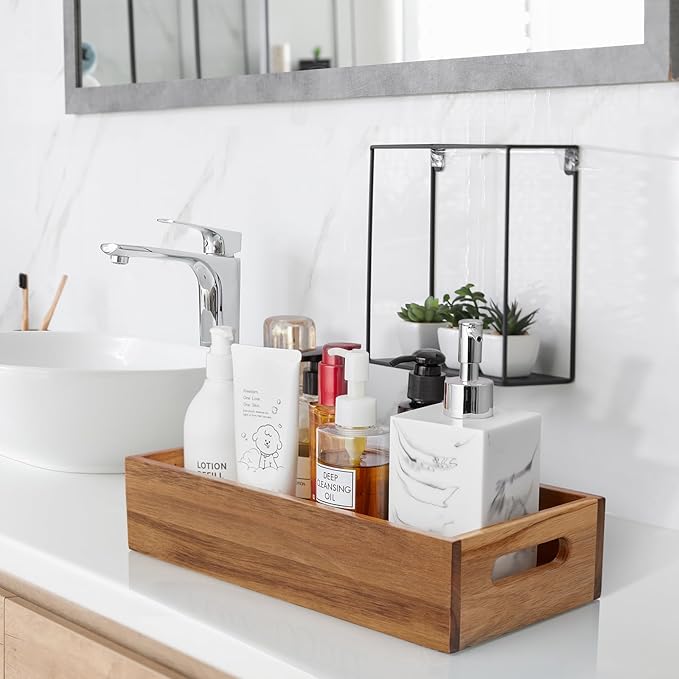 ALELION Acacia Wood Bathroom Storage Basket for Organizing - Toilet Paper Basket with Handle for Back of Toilet Tank Top Topper - Small Narrow Baskets for Kitchen Pantry Garage Laundry Room Storage