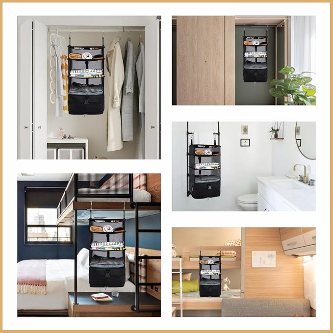 Surblue Hanging Closet Storage Bag Collapsible 3-Shelf Washable Oxford Fabric with 2 Hooks (L 11.41 * 11.41 * 19.68in, Black)