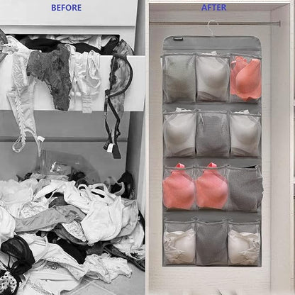 Dual Sided Hanging Shoe Organizer for Closet with Rotating Hanger Hanging Shoe Rack Holder with 24 Large Pockets (Grey-Mesh Pockets)