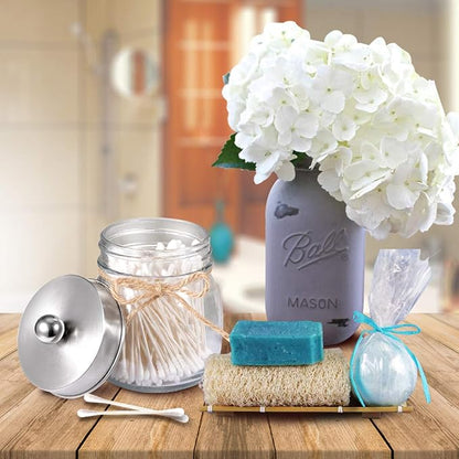 SheeChung Small Mason Jar, Glass Qtip Holder, Apothecary Jars with Lids, Bathroom Organizers and Storage, Bathroom Canister for Q-tips, Floss, Balls, Cotton Swabs, Farmhouse Decor-Brushed Nickel