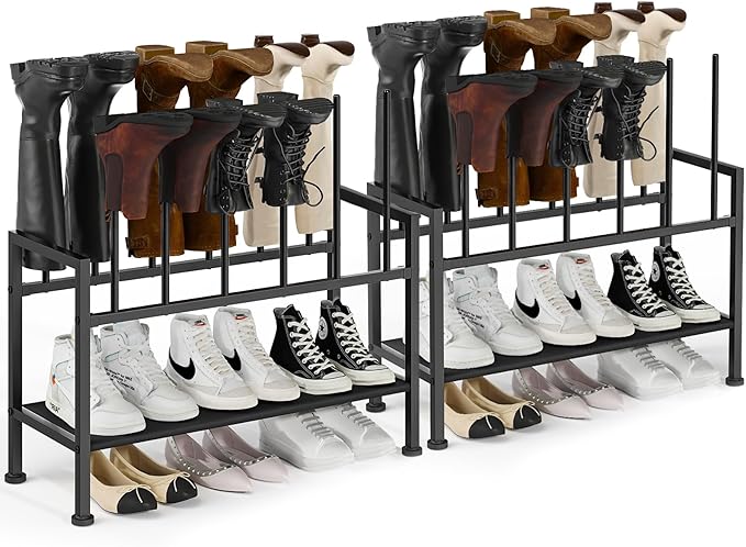 DIMJ Free Standing Shoe Racks - 3-Tier Boot Rack, Black Metal Boot Storage Organizer Tall Boots Organizer for Closet, Shoe Rack for Boots, Sneakers,Fit for 12 Pairs Boots, 2-Pack, Black