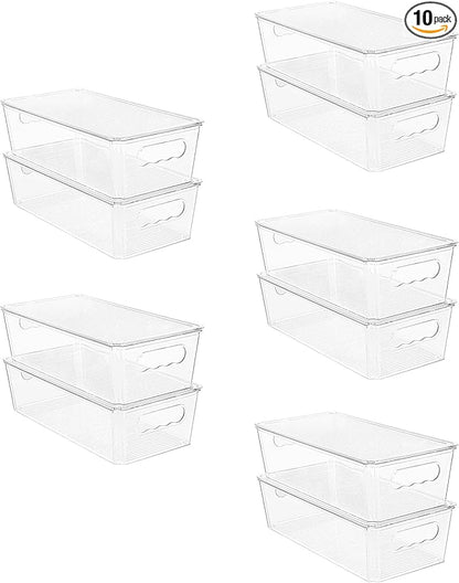 Vtopmart 10pcs Clear Organizers and Storage Bins with Lids, Stackable Plastic Storage Containers with Handles for Fridge, Freezer, Pantry, Cabinet, Kitchen Organization