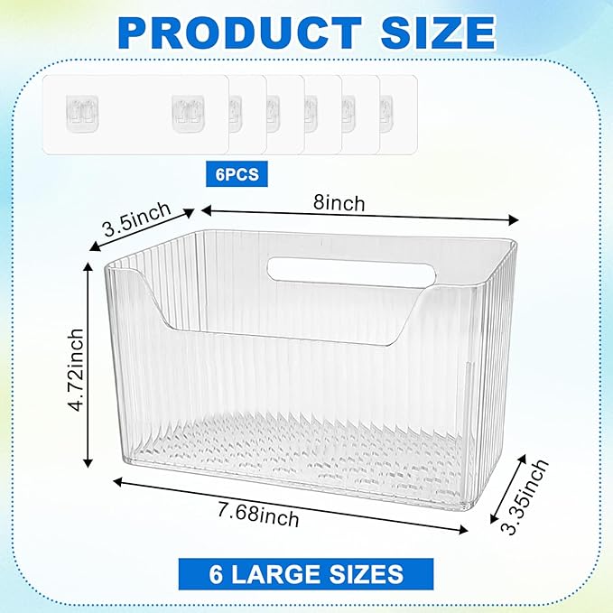 6Pcs Storage Organizer Bins Wall Mounted Organizer Basket Large Size Clear Plastic Makeup Organizer Adhesive Hanging Bin for Bathroom Kitchen Pantry