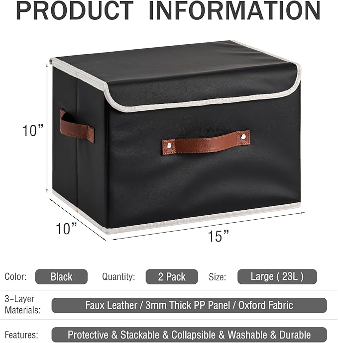 2PCS Storage Bins Box with Lids Decorative PU Leather Fabric Baskets Cubes with Handles PP Plastic Board Foldable Washable Lidded Clothing Shelf Closet Organizer Container (Black, Large)